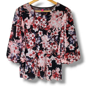 Vince Camuto Floral Print Balloon Sleeve Blouse Top Black Pink Size Small